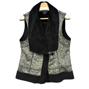 Tribal Shawl Collar Vest Gray Black Animal Print Toggle Button Fleece Cardigan M